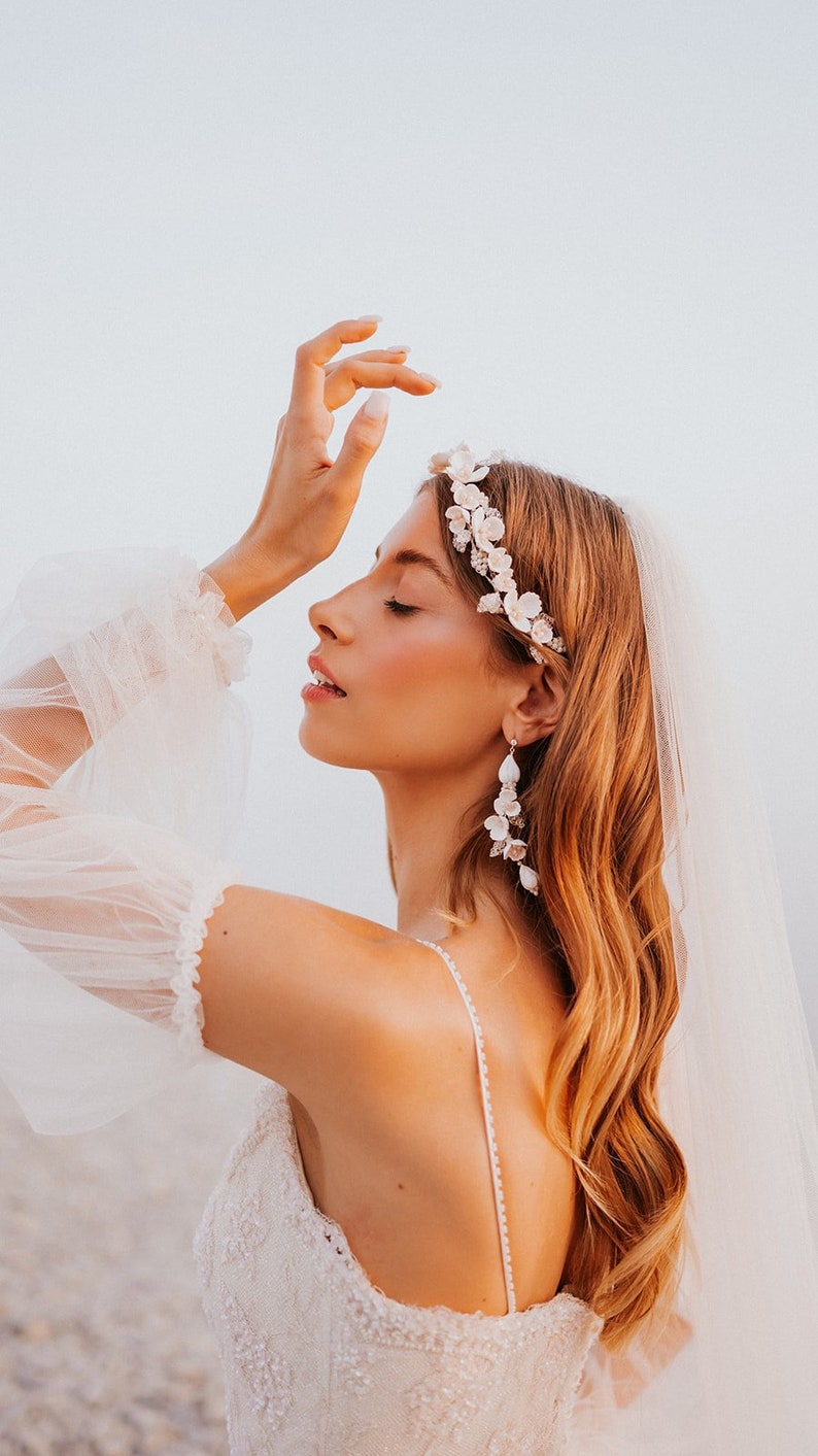 White floral Bridal hair vine, wedding hair vine with handmade flowers, wedding headband, wedding hair vine, wedding hair accessory, image 1