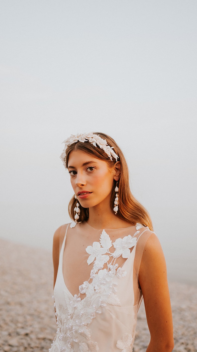 White Clay Bridal headpiece, white leaf headpiece, wedding headpiece, bridal crown, floral headpiece, white floral headband, Olive leaf image 4