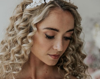 White Floral Bridal Headband: Handmade Clay Flower Wedding Headpiece