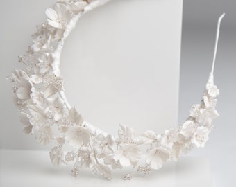 Handcrafted white flower bridal crown, bridal headpiece with handmade florals, delicate crystal and pearl crown with handmade flowers,