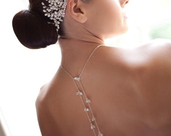 Bridal back necklace, Freshwater pearl and crystal bridal backdrop necklace, back jewellery for weddings, pearl bridal necklace
