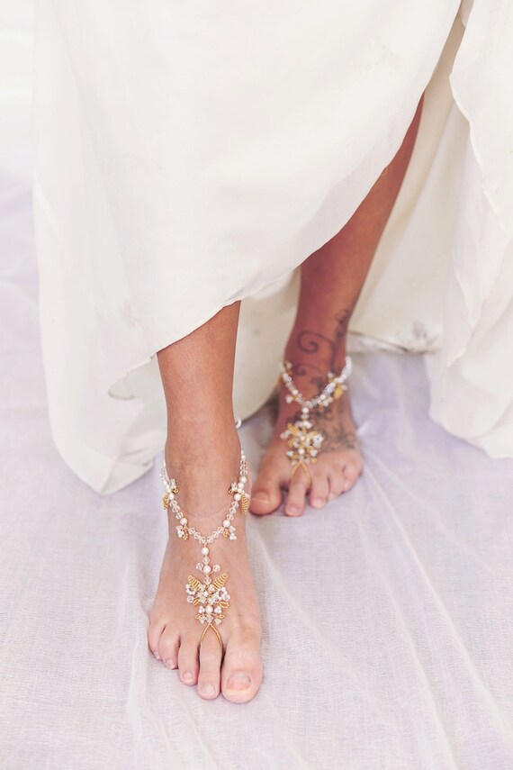 Golden Foliage Barefoot Bridal Sandals Beach Bride | Etsy