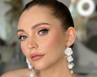 White Peony Bridal Earrings: Handmade Clay Flowers, Wedding Floral Drop Earrings