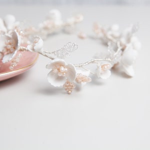 White floral Bridal hair vine, wedding hair vine with handmade flowers, wedding headband, wedding hair vine, wedding hair accessory, image 7