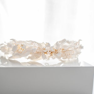 White Clay Bridal headpiece, white leaf headpiece, wedding headpiece, bridal crown, floral headpiece, white floral headband, Olive leaf image 6