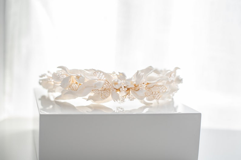 White Clay Bridal headpiece, white leaf headpiece, wedding headpiece, bridal crown, floral headpiece, white floral headband, Olive leaf image 6