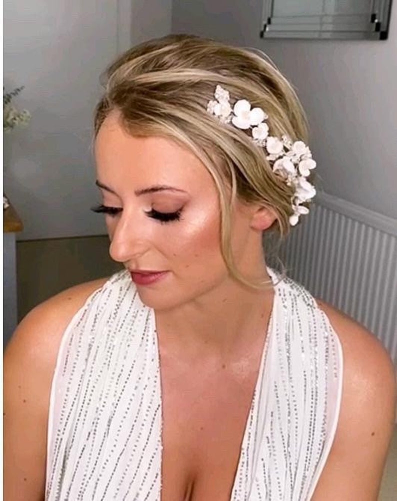 White floral Bridal hair vine, wedding hair vine with handmade flowers, wedding headband, wedding hair vine, wedding hair accessory, image 5