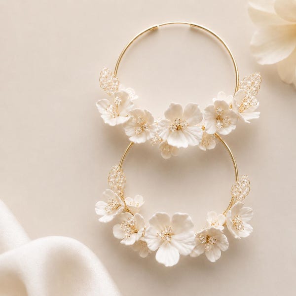 Gold Filled Floral Hoop Earrings: Bridal Statement Jewellery, Handmade Flower Design.