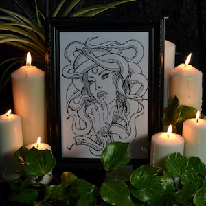 Medusa Portrait Mythical Monster Greek Mythology Emo Snakes Tattoo Style Clash of the titans A4 Black & White Outline Print