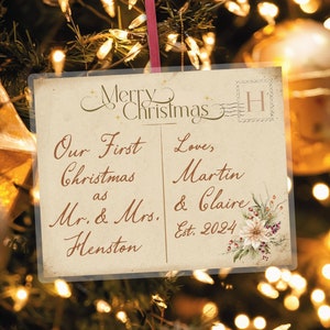 First Christmas As Mr And Mrs Ornament, Newlywed Mini Postcard Ornament, Miniature First Christmas Married Tree Decor, Vintage Holidays Gift