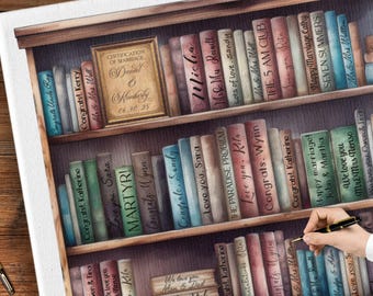 May include: A wooden bookshelf with a variety of colorful books, each with a different title. The books are arranged in rows on the shelves, and some of them have handwritten messages on the spines. The bookshelf is a unique and personalized way to display books and celebrate a special occasion.
