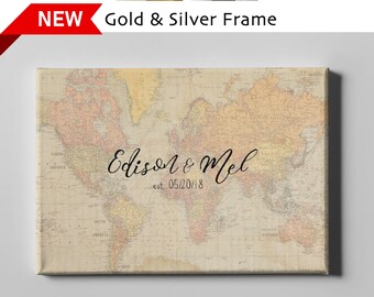 Rustic wedding guest book, World map canvas guestbook, Destination wedding signatures poster, Unique custom wedding gift for groom - CGB63