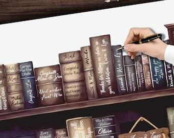 May include: A watercolor illustration of a bookshelf with a variety of books. The books have different titles and names written on the spines. The bookshelf is decorated with a sign that says "James & Linsa Northford October 18, 2024".