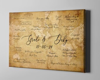 Vintage World Map Guest Book, Rustic World Map Wedding Guestbook, Wedding Signature Guest Book Alternative, Travel Theme Canvas - CGB430