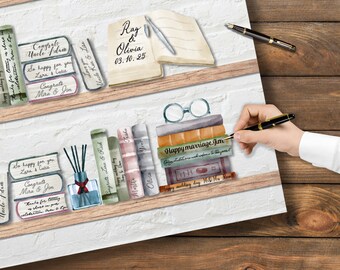 May include: A watercolor illustration of a bookshelf with books, a pen, glasses, and a diffuser. The books have handwritten messages on the spines, including "Happy marriage Jim" and "Ray & Olivia 03.10.25".