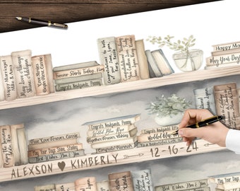 May include: A watercolor illustration of a bookshelf with books stacked on shelves. The books have titles and messages for a wedding, such as "Happy Marriage!" and "May Love Always Shine." The bookshelf is decorated with potted plants and a handwritten date.