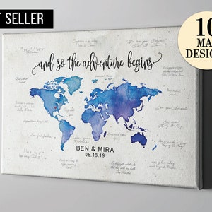 Canvas Guest Book, Destination Wedding Signature GuestBook, World Map Travel Themed GuestBook, Watercolor World Map Art CGB212 image 1