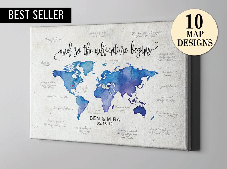 Canvas Guest Book, Destination Wedding Signature GuestBook, World Map Travel Themed GuestBook, Watercolor World Map Art CGB212 image 1