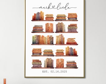 May include: A watercolor illustration of a bookshelf with stacks of books in various colors and sizes. The text "mark & linda" is written above the bookshelf and "EST. 02.16.2025" is written below the bookshelf.