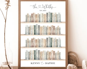 May include: A watercolor illustration of a bookshelf with the text "the Whiths EST. 2025" at the top and "KENNY & DAPHIE" at the bottom. The bookshelf is filled with books with titles like "Forever Love" and "Happy Ever After".