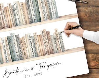 May include: A watercolor illustration of a bookshelf with books that have personalized messages for a wedding. The books are in shades of brown, blue, and green. The text on the books includes "Love Stories Begin Here", "May Love Always Shine", "Happy Forever", "True Love Forever", "Congratulations", and "Happy Marriage". The bookshelf is labeled "Britanie & Ferguson EST. 2025".
