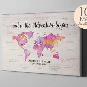 Canvas Guest Book, Watercolor World Map Signature GuestBook, Destination Wedding Travel Themed GuestBook Memento CGB219 image 1