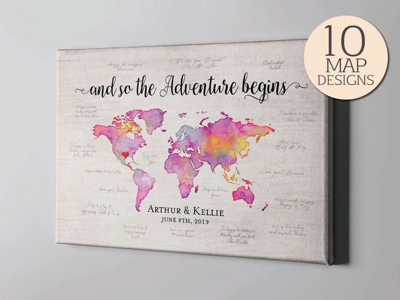 Canvas Guest Book, Watercolor World Map Signature GuestBook, Destination Wedding Travel Themed GuestBook Memento CGB219 image 1