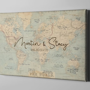 Canvas Guest Book, Vintage World Map Custom GuestBook, Destination Wedding Signatures Poster, Anniversary Gift Ideas - CGB342