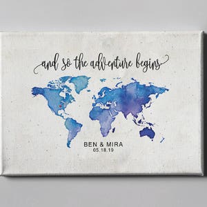 Canvas Guest Book, Destination Wedding Signature GuestBook, World Map Travel Themed GuestBook, Watercolor World Map Art CGB212 image 4