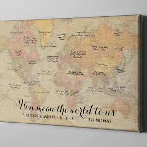 Canvas Guest Book, Vintage World Map Destination Wedding, Rustic Signature GuestBook, Wedding Anniversary Gift For Parents - CGB152