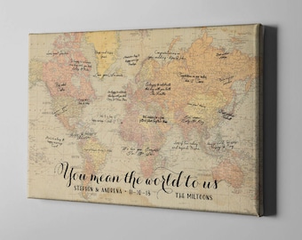 Canvas Guest Book, Vintage World Map Destination Wedding, Rustic Signature GuestBook, Wedding Anniversary Gift For Parents - CGB152