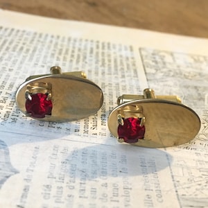 Vintage Red Jewel Cufflinks | Goldtone Unisex Men&#39;s Accessories | Red Rhinestones