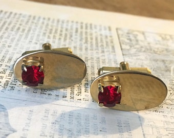 Vintage rote Juwel Manschettenknöpfe | Goldfarbene Unisex Herren Accessoires | Rote Strasssteine