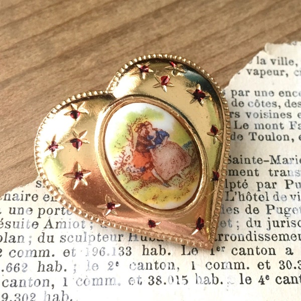Broche coeur Vintage - Limoges Style verre Cabochon doré victorien Revival