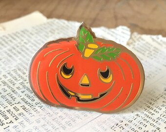 Vintage Enamel Jack O Lantern Pin | Orange Pumpkin Halloween Brooch Retro Jewelry