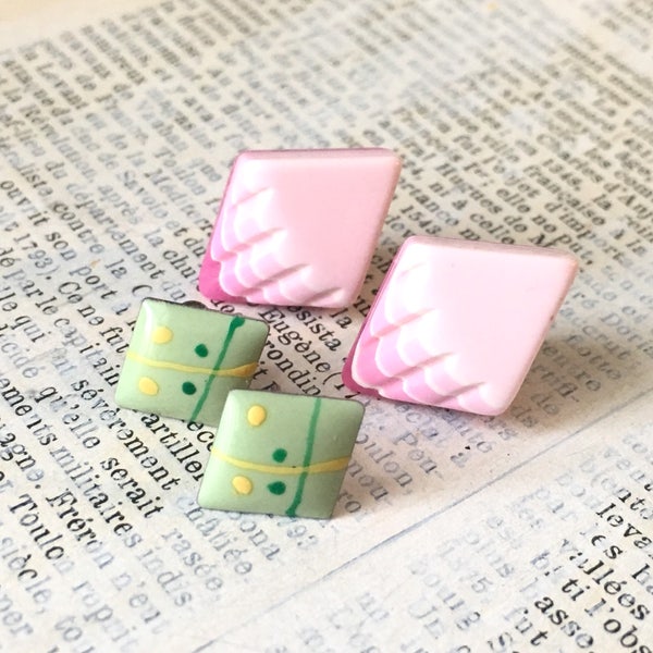 Vintage Retro Earrings | Pink Lucite Green Enamel Post Earrings | Eighties Jewelry | Girls Earrings