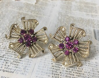 Pendientes de rueda de naldero vintage ? Retro Sesenta Tornillo Pendientes oro y púrpura