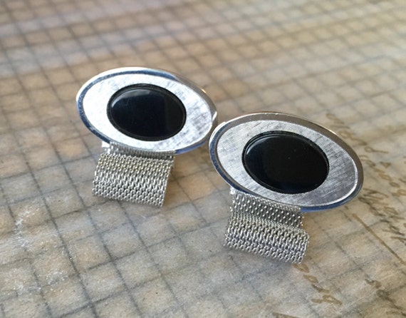 Vintage Mod Cufflinks  - Mesh Chain Silvertone Bl… - image 1