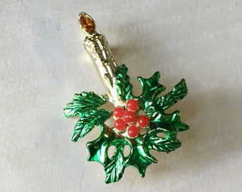 Broche de vela navideña vintage – Joyería de acebo esmaltada con diamantes de imitación