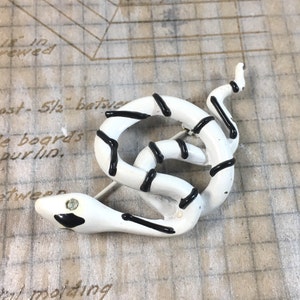 Vintage Enamel Snake Pin | Mod Kitschy Reptile Brooch | Black and White Snake