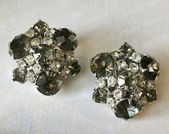 Pendientes de clip vintage con diamantes de imitación / Racimo geométrico gris y transparente