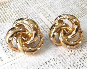 Vintage Kristall Knoten Ohrringe | Strass Achtziger Jahre Clip Ohrringe Goldton