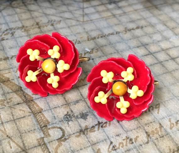 Vintage Red Enamel Flower Earrings | Bright Ename… - image 1