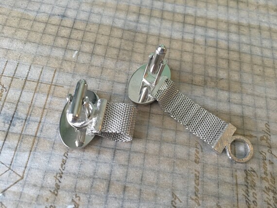 Vintage Mod Cufflinks  - Mesh Chain Silvertone Bl… - image 2