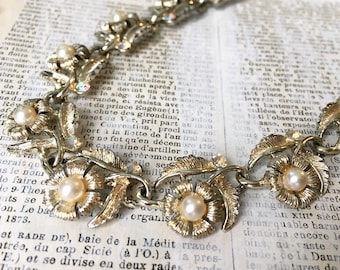 Vintage Pearl and Rhinestone Necklace | Rhinestone Flower Choker Prom Jewelry | Goldtone