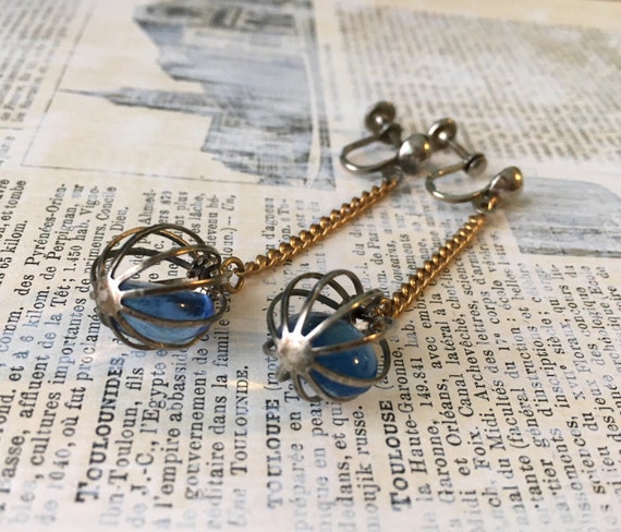 Vintage Mod Caged Crystal Bead Earrings - Blue Mi… - image 3