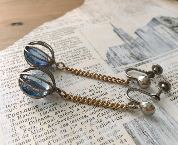 Vintage Mod Caged Crystal Bead Earrings - Blue Mi… - image 2