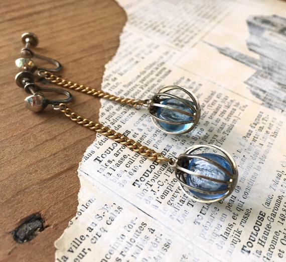 Vintage Mod Caged Crystal Bead Earrings - Blue Mi… - image 1