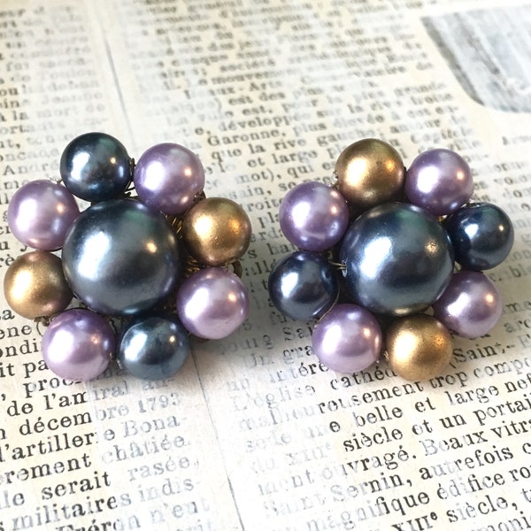 Vintage Purple Multi Cluster Earrings | Pearl Retro Clip Earrings | JAPAN Midcentury Clip ons | Cagework