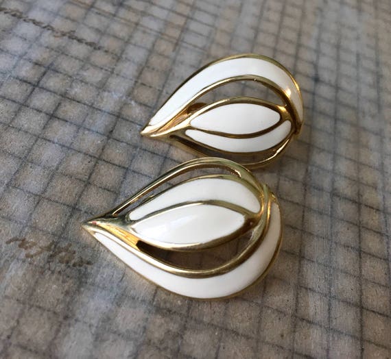 Vintage Enamel Swirl Earrings | Monet Goldtone Cr… - image 1